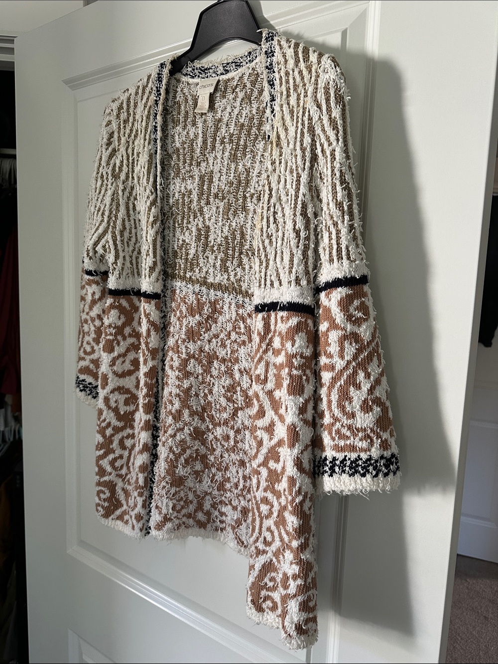 Chico's Cream and Brown Patterned Open-Front Cardigan Jacket - Picture 3 of 4